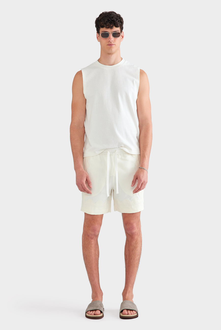 Panelled Applique Border Silk Linen Short - Off White/Cream