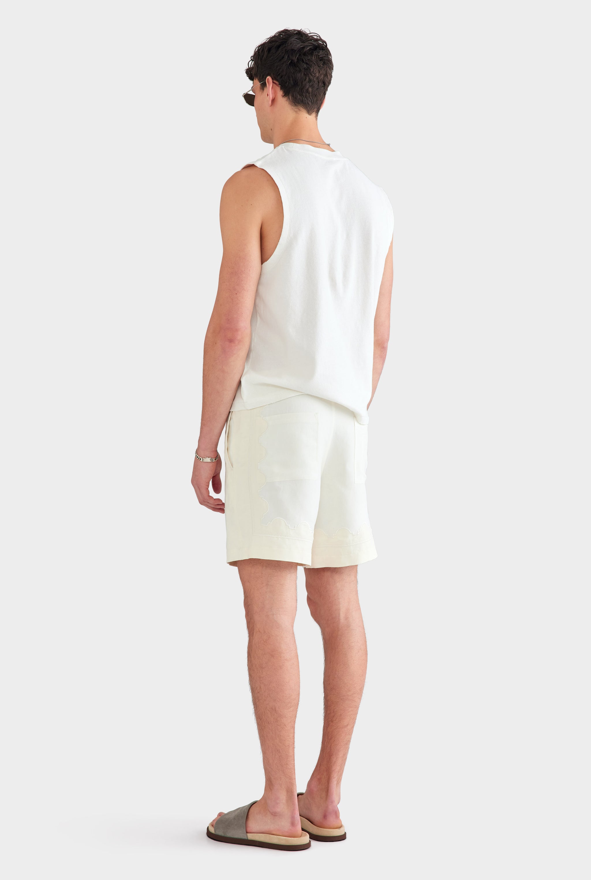 Panelled Applique Border Silk Linen Short - Off White/Cream