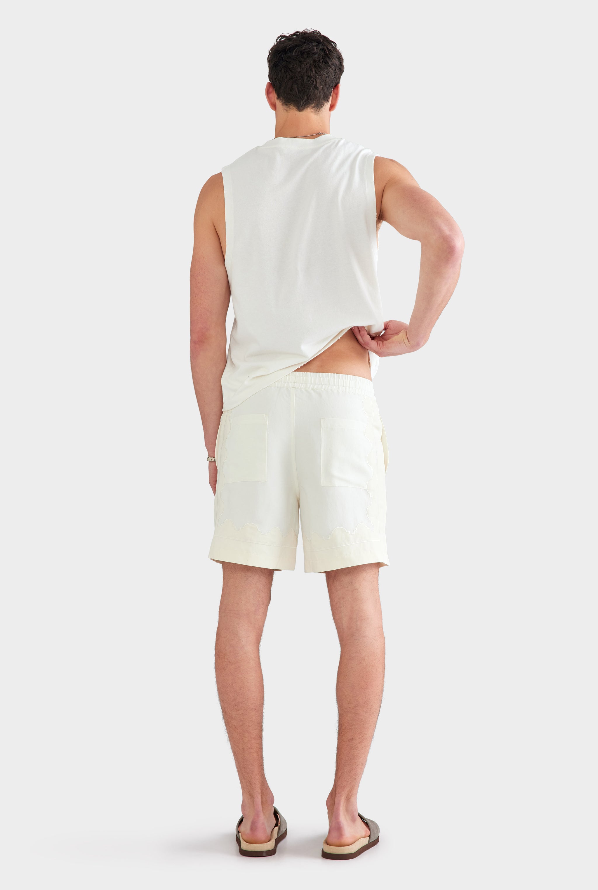Panelled Applique Border Silk Linen Short - Off White/Cream