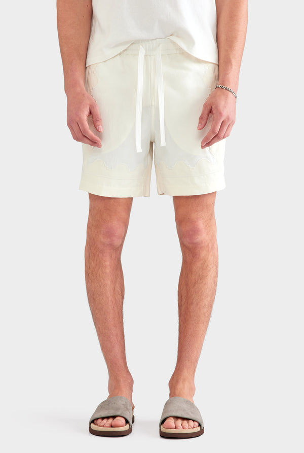 Panelled Applique Border Silk Linen Short - Off White/Cream