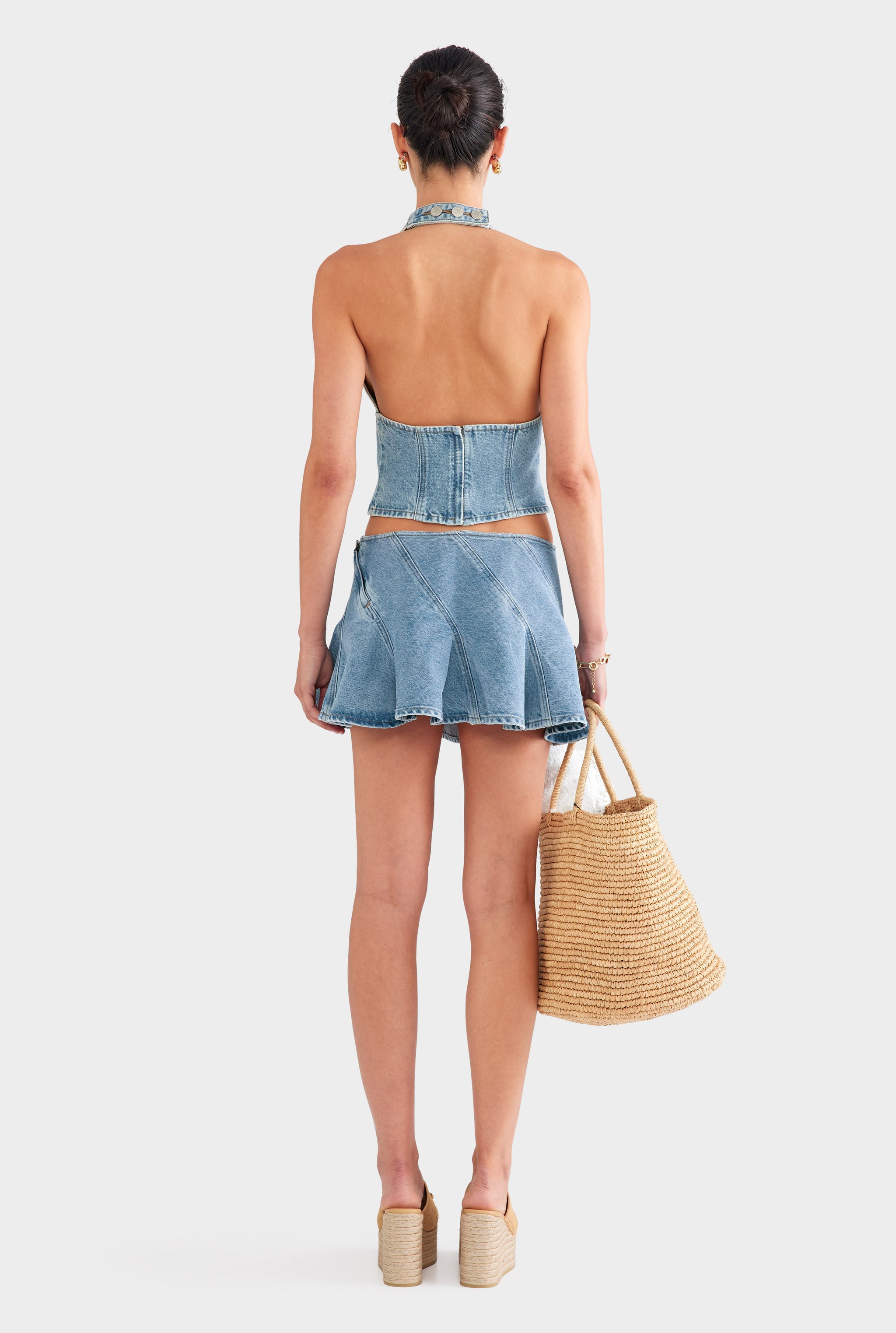 Panelled Denim Flounce Mini Skirt - Light Blue