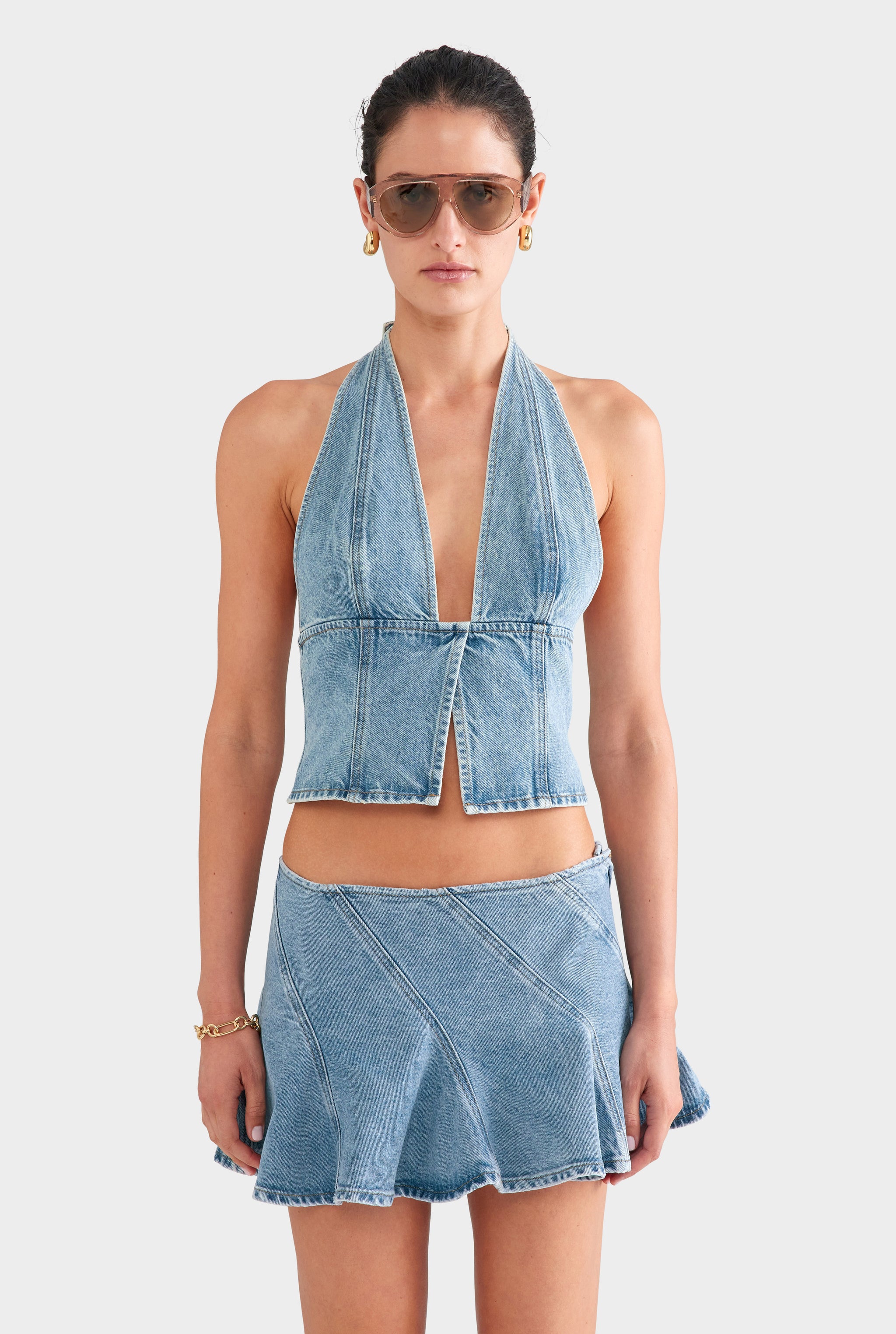 Panelled Denim Flounce Mini Skirt - Light Blue