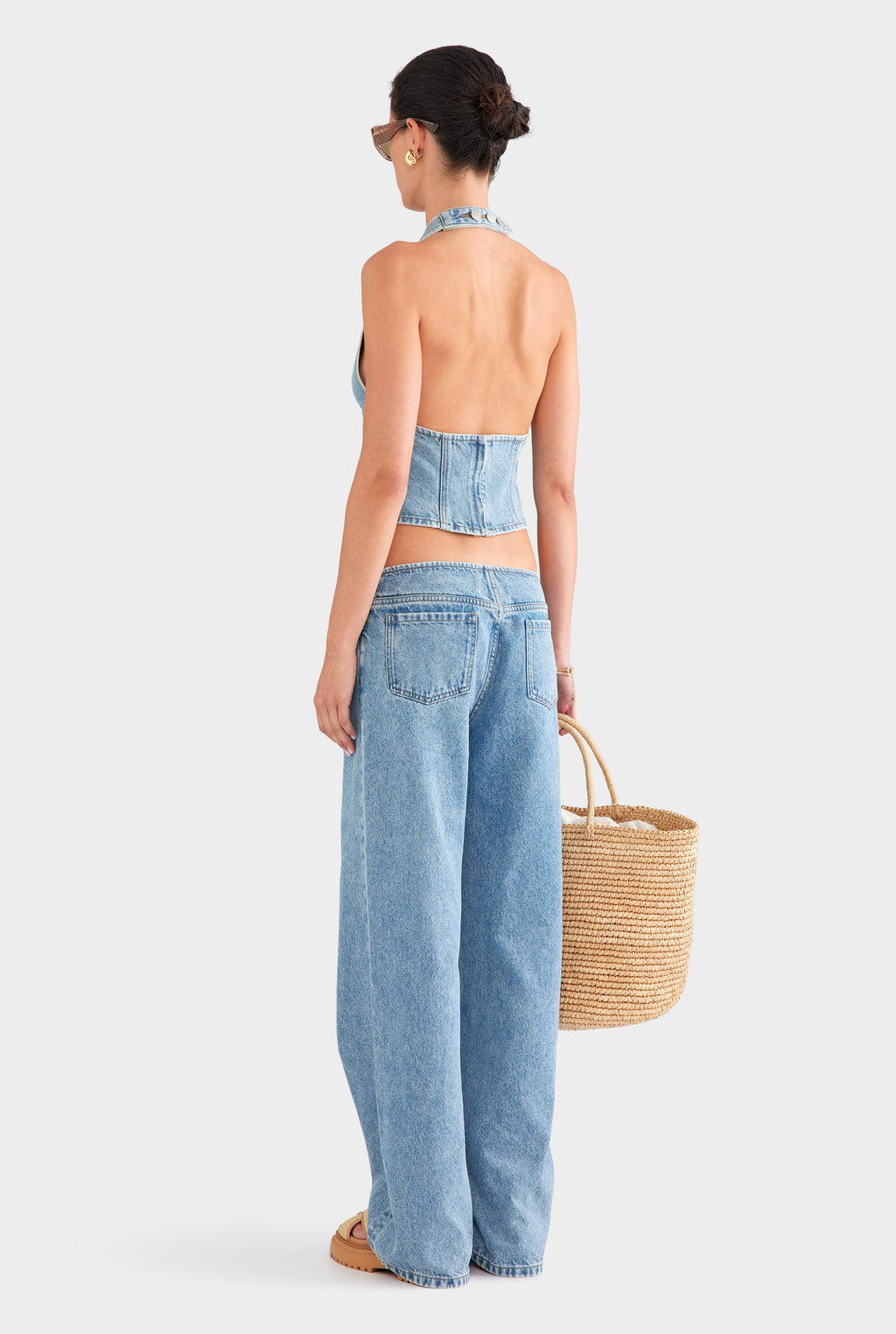 Panelled Denim Halter Top - Light Blue