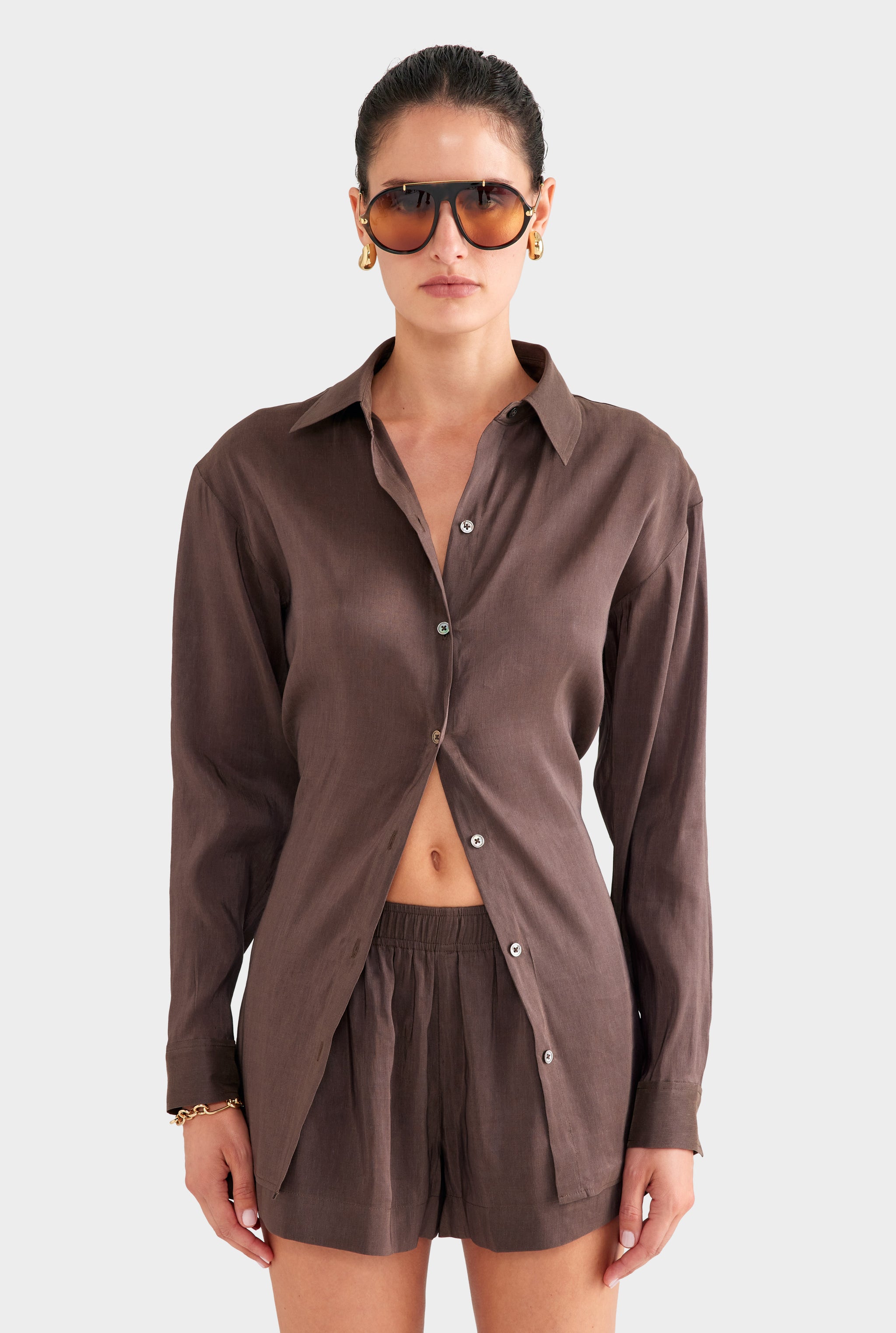 Relaxed Silk Linen Shirt - Chocolate Brown
