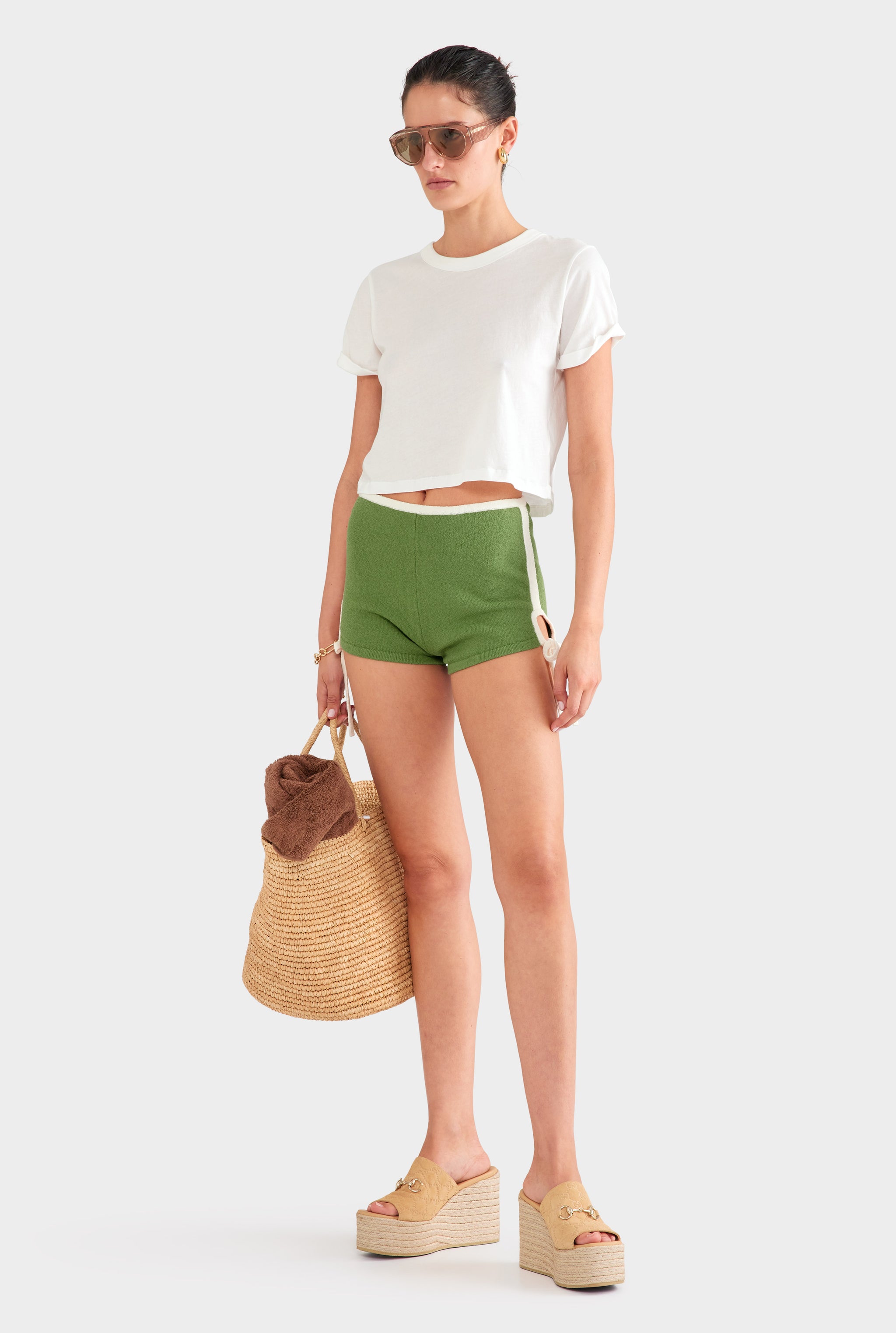 Terry Knit Tie Short - Ivy Green/White