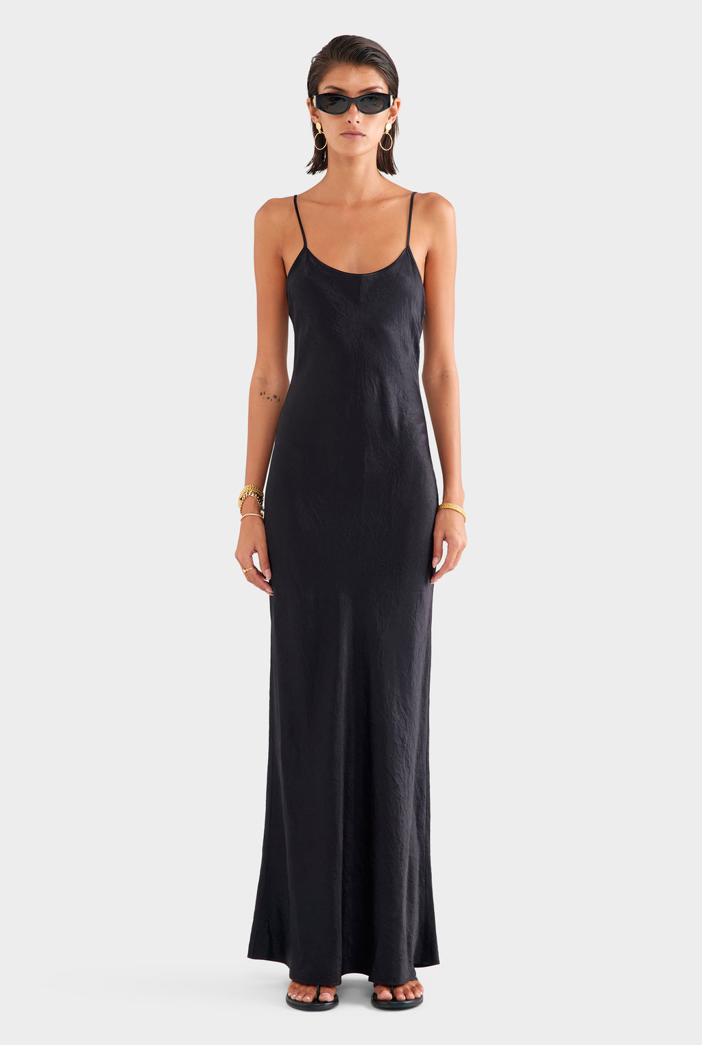 Crushed Satin Slip Dress - Black