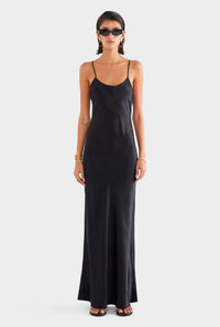 Crushed Satin Slip Dress - Black