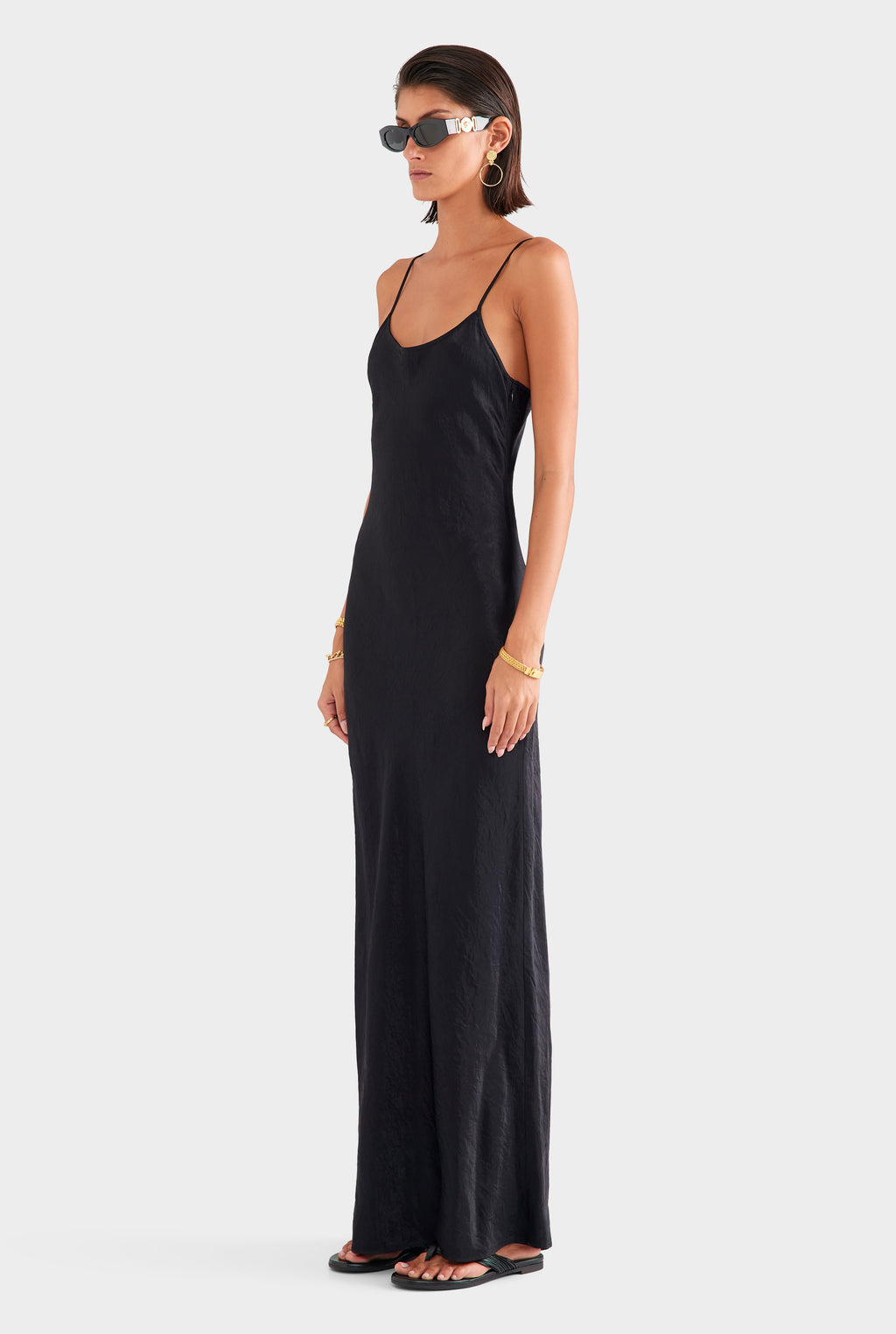 Crushed Satin Slip Dress - Black