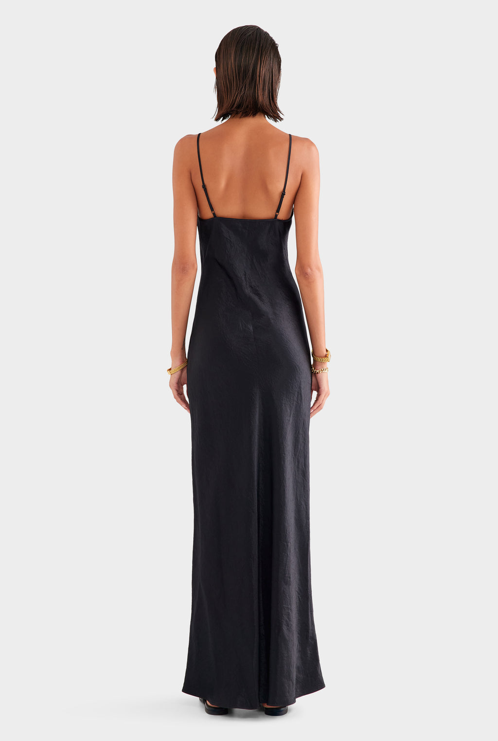 Crushed Satin Slip Dress - Black