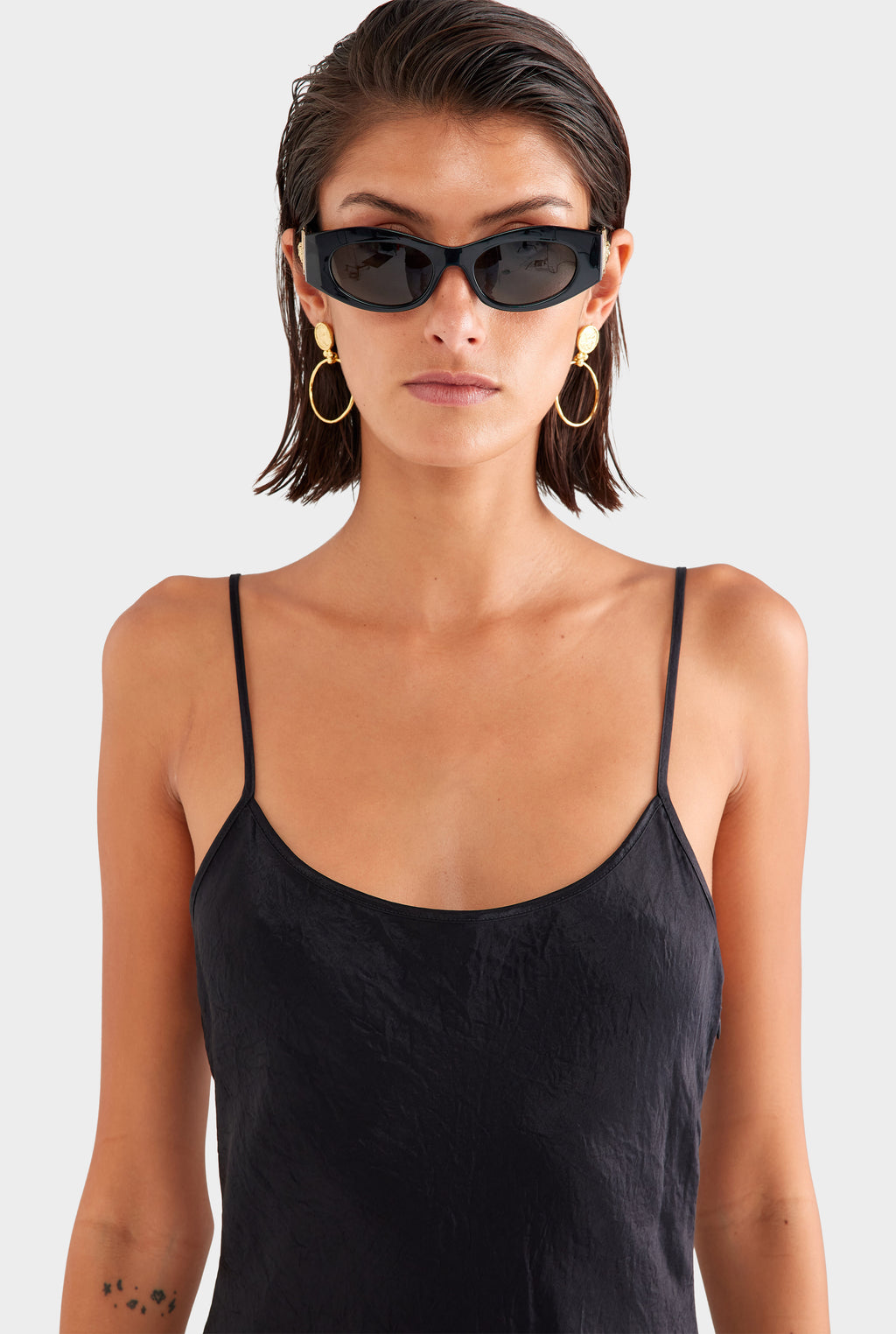 Crushed Satin Slip Dress - Black