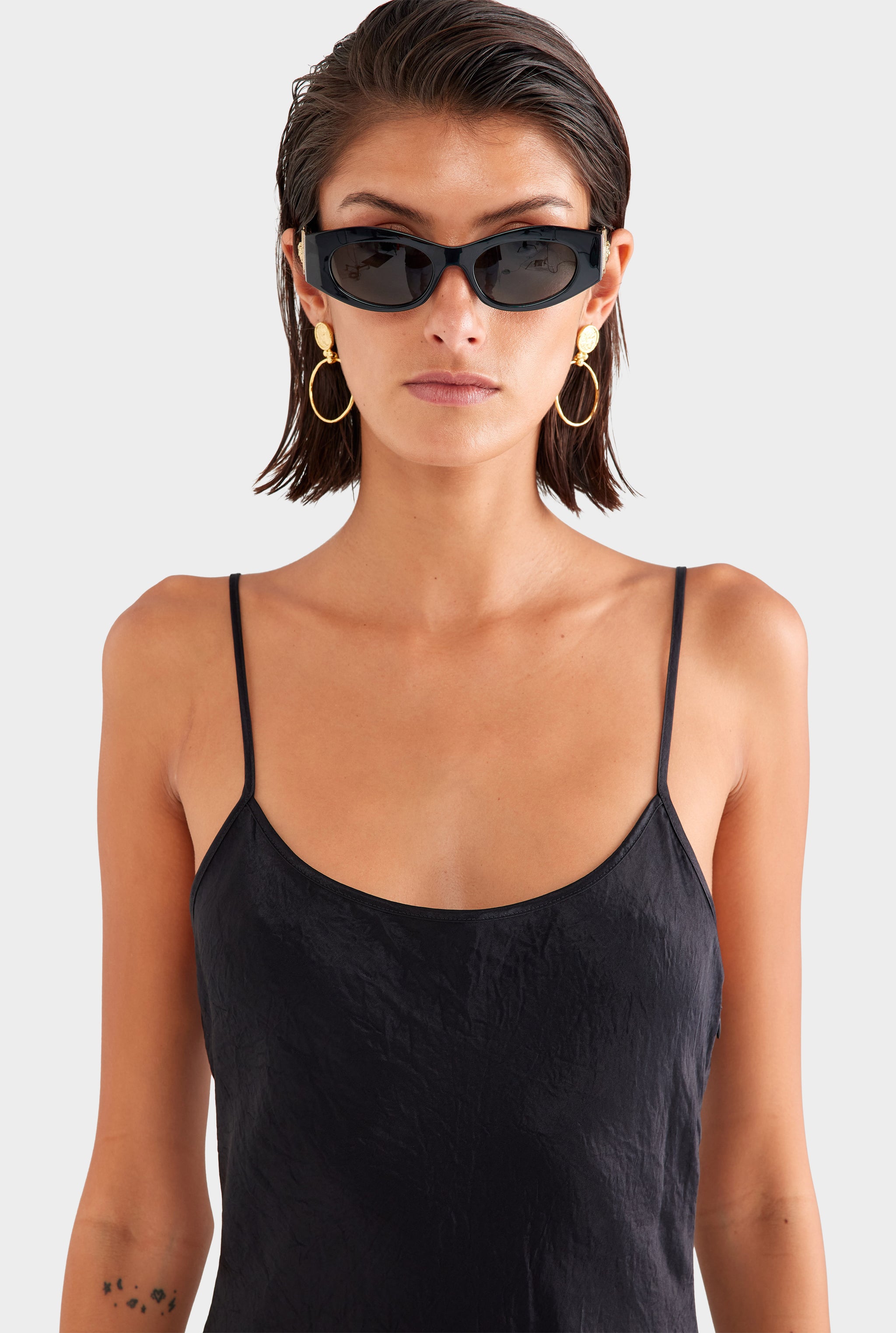 Crushed Satin Slip Dress - Black