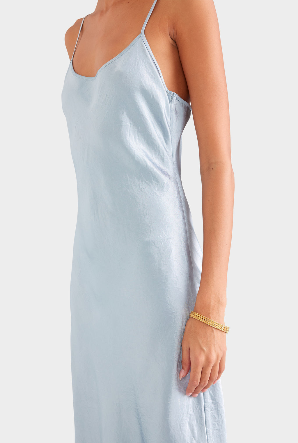 Crushed Satin Slip Dress - Silver Blue