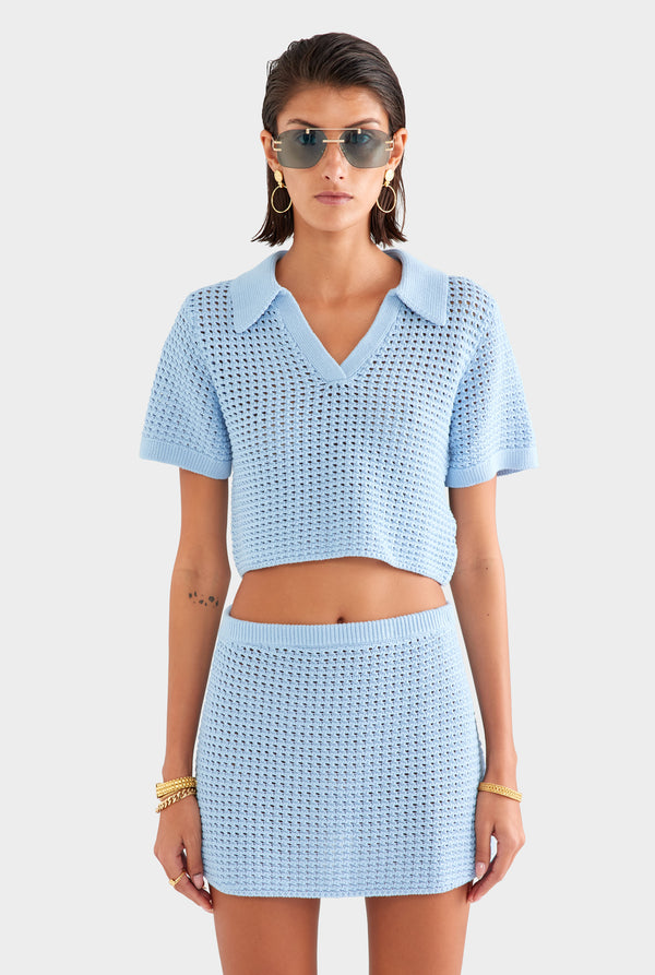 Crochet Cropped Polo - Powder Blue