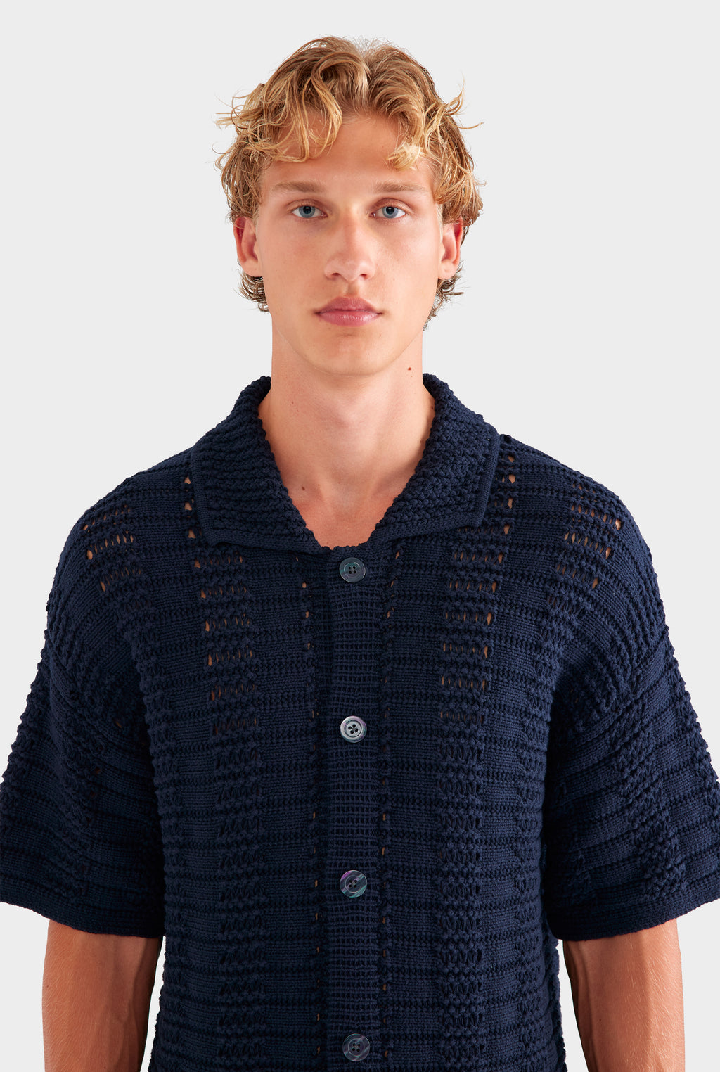 Chunky Crochet Knit Shirt - Navy
