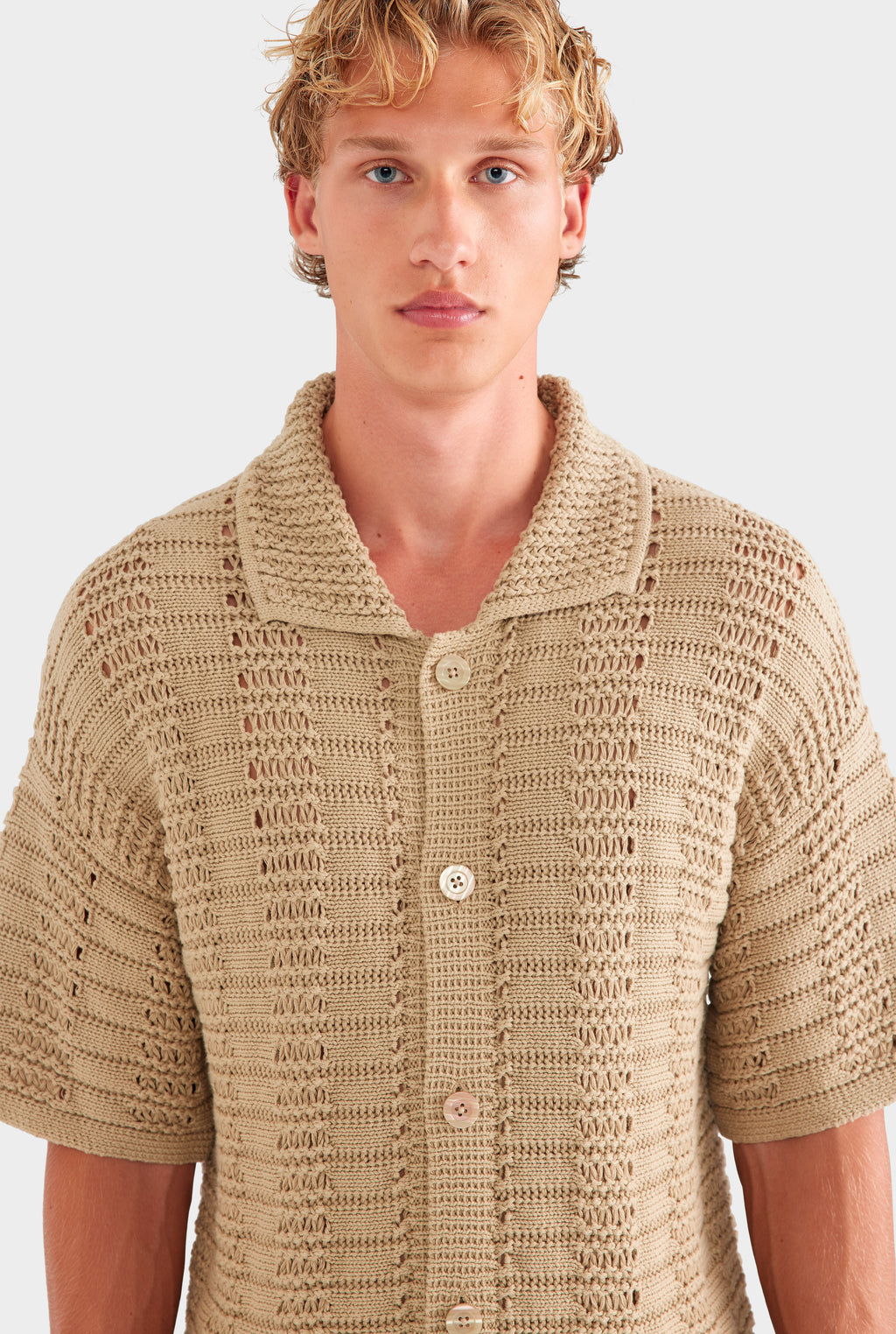 Chunky Crochet Knit Shirt - Pale Khaki