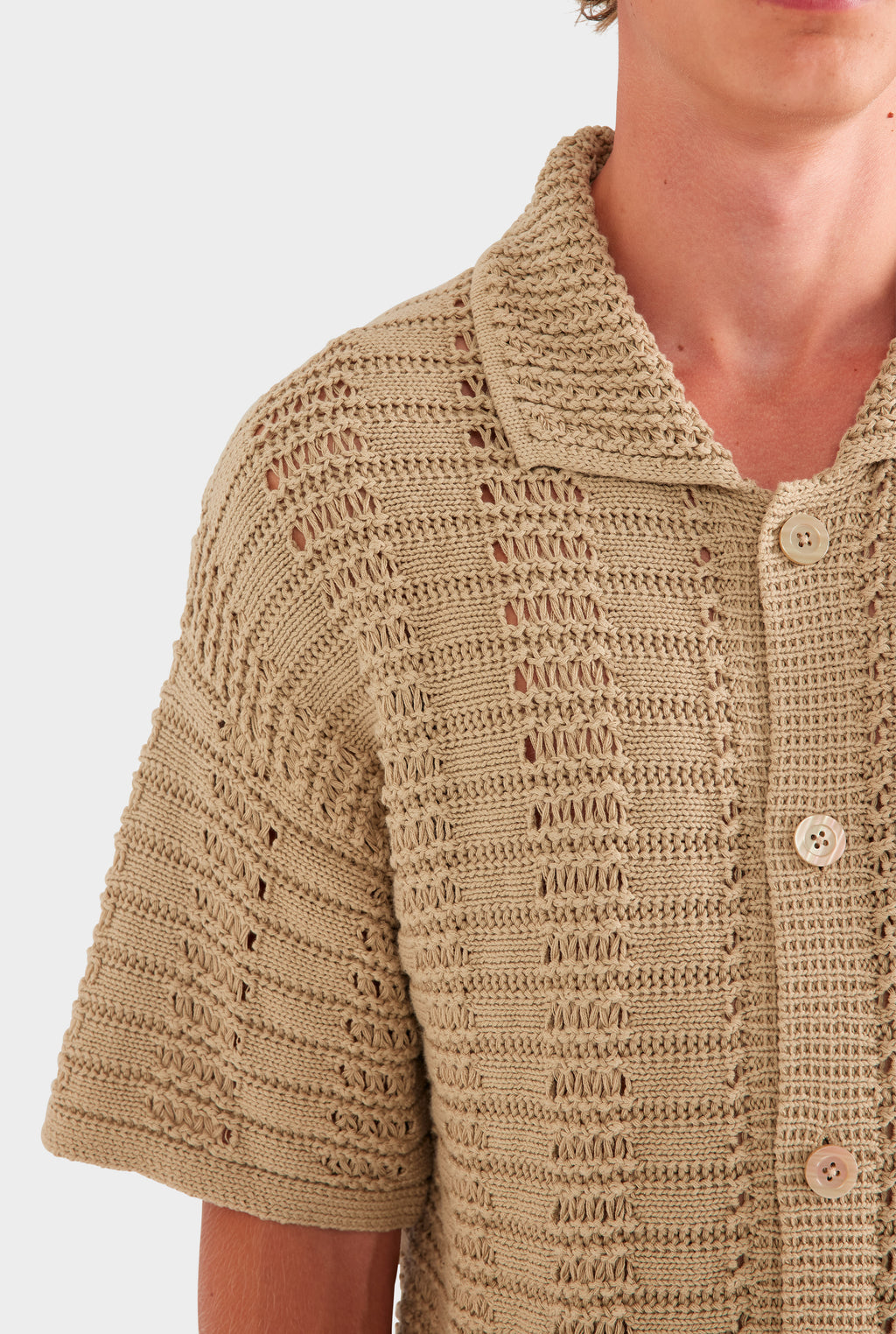 Chunky Crochet Knit Shirt - Pale Khaki