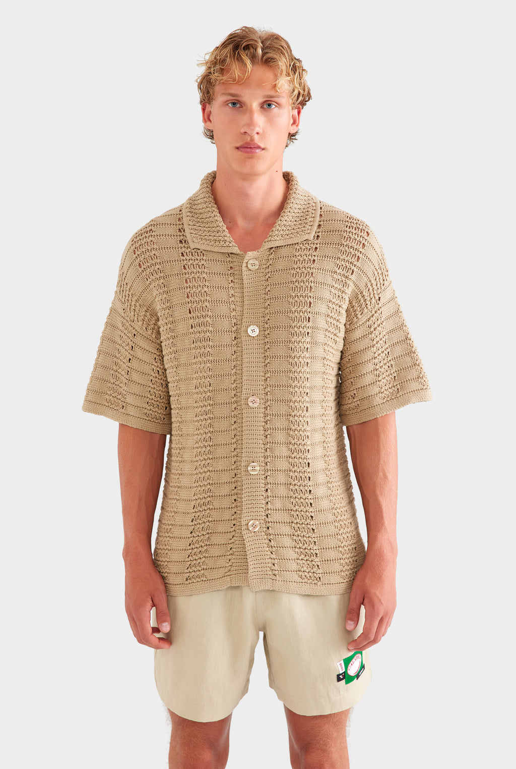 Chunky Crochet Knit Shirt - Pale Khaki