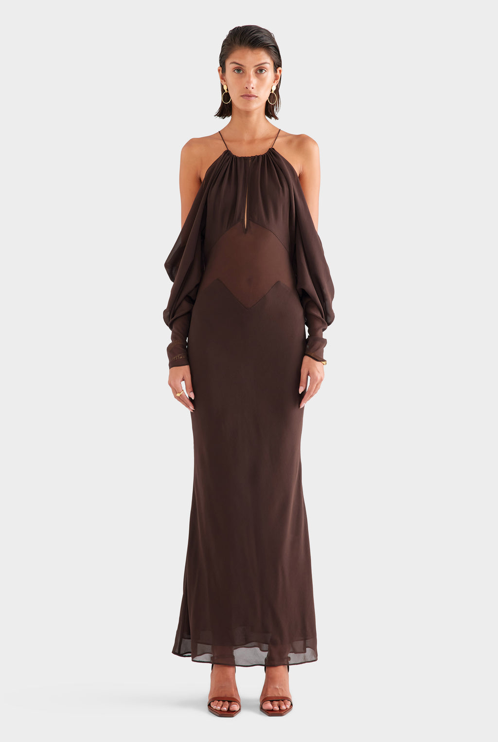 zara burgundy dress Womens Silk Off Shoulder Column Maxi Dress Dark Chocolate