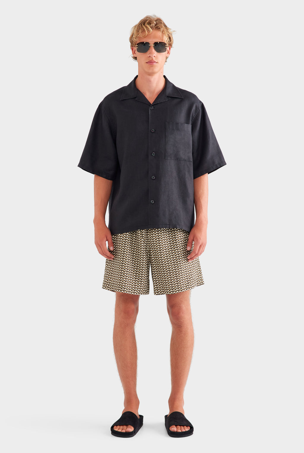 Oversized Linen Short Sleeve Shirt - Black