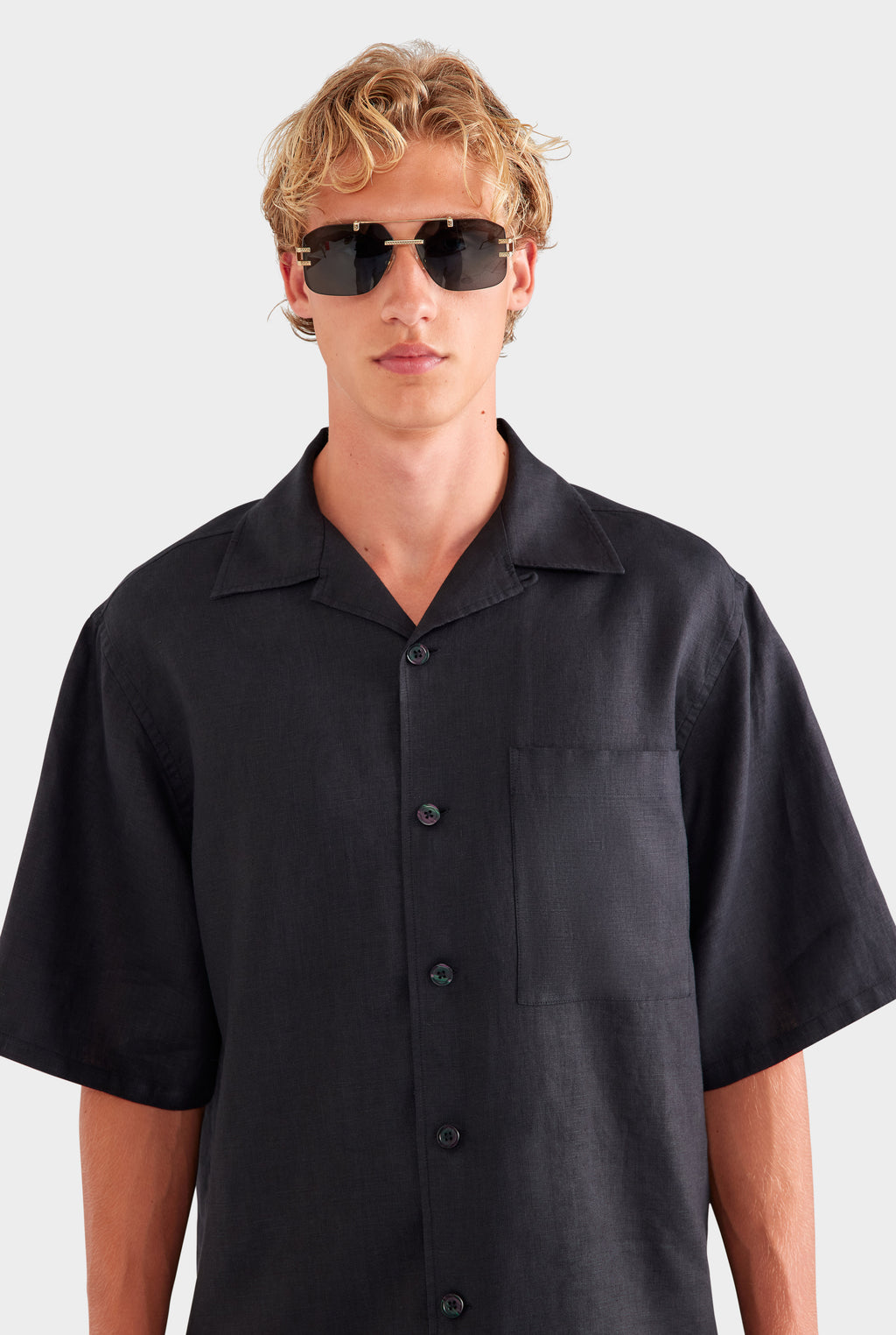 Oversized Linen Short Sleeve Shirt - Black