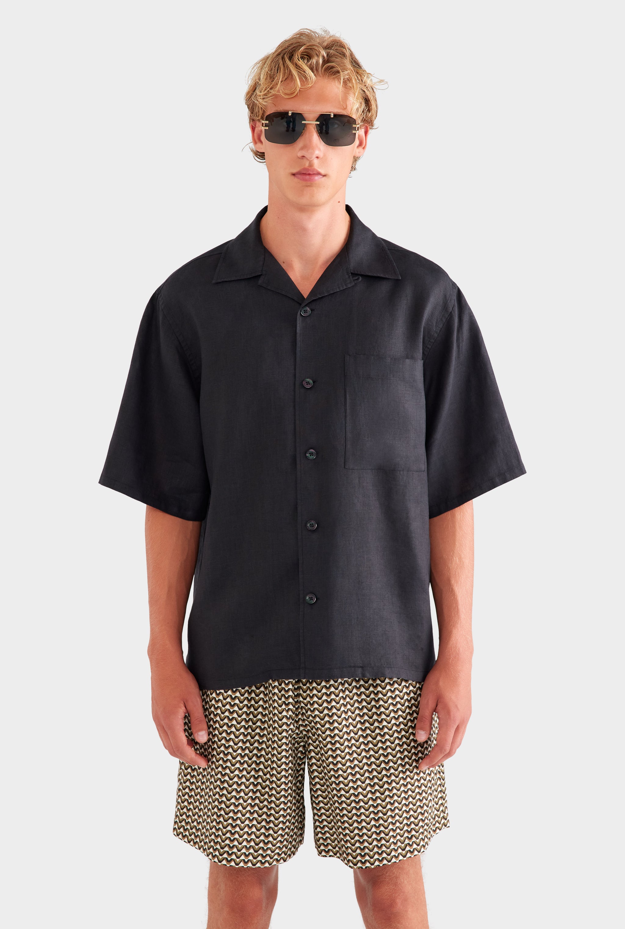 Oversized Linen Short Sleeve Shirt - Black