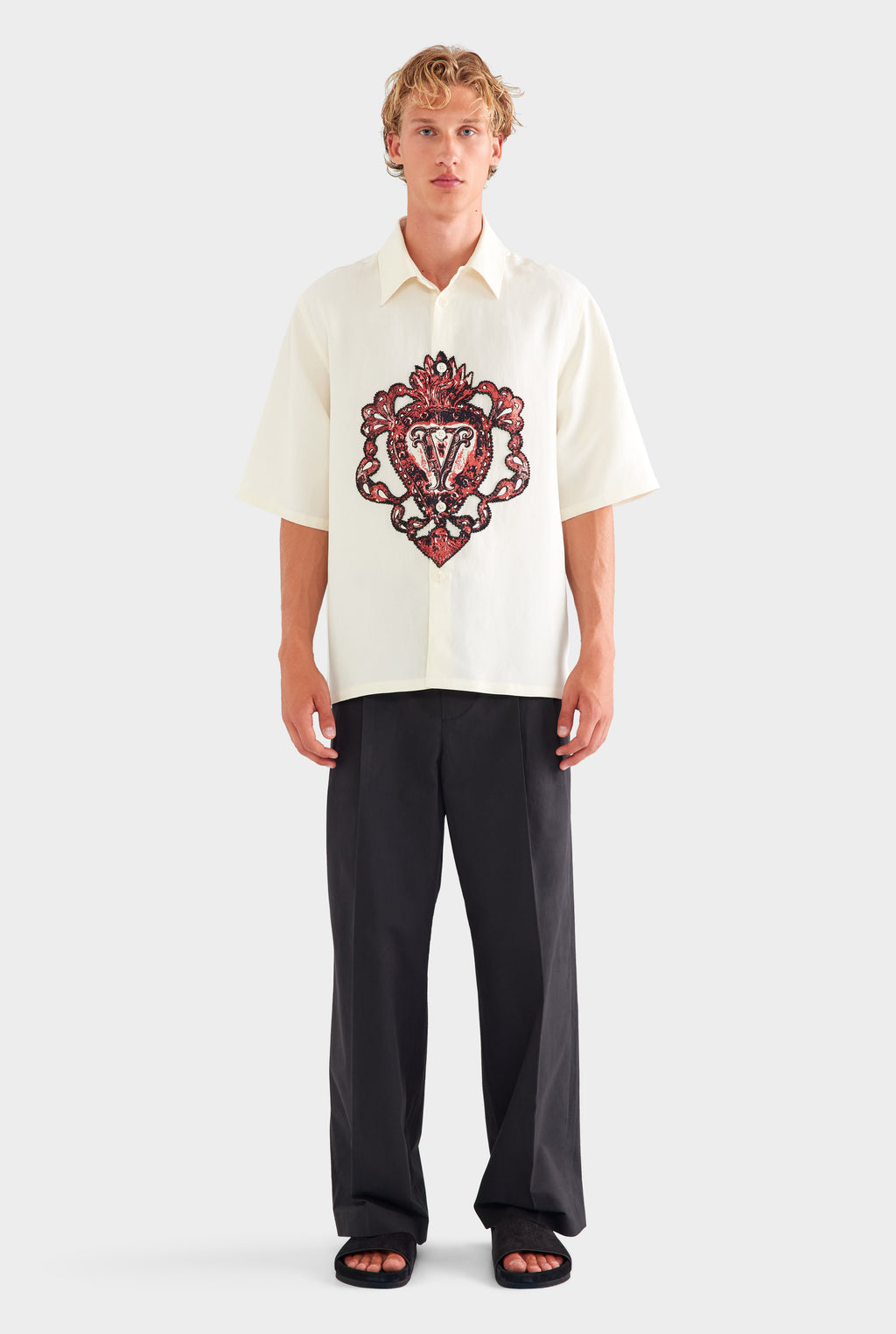 Oversized Silk Linen Short Sleeve Shirt - White/Beaded Heart