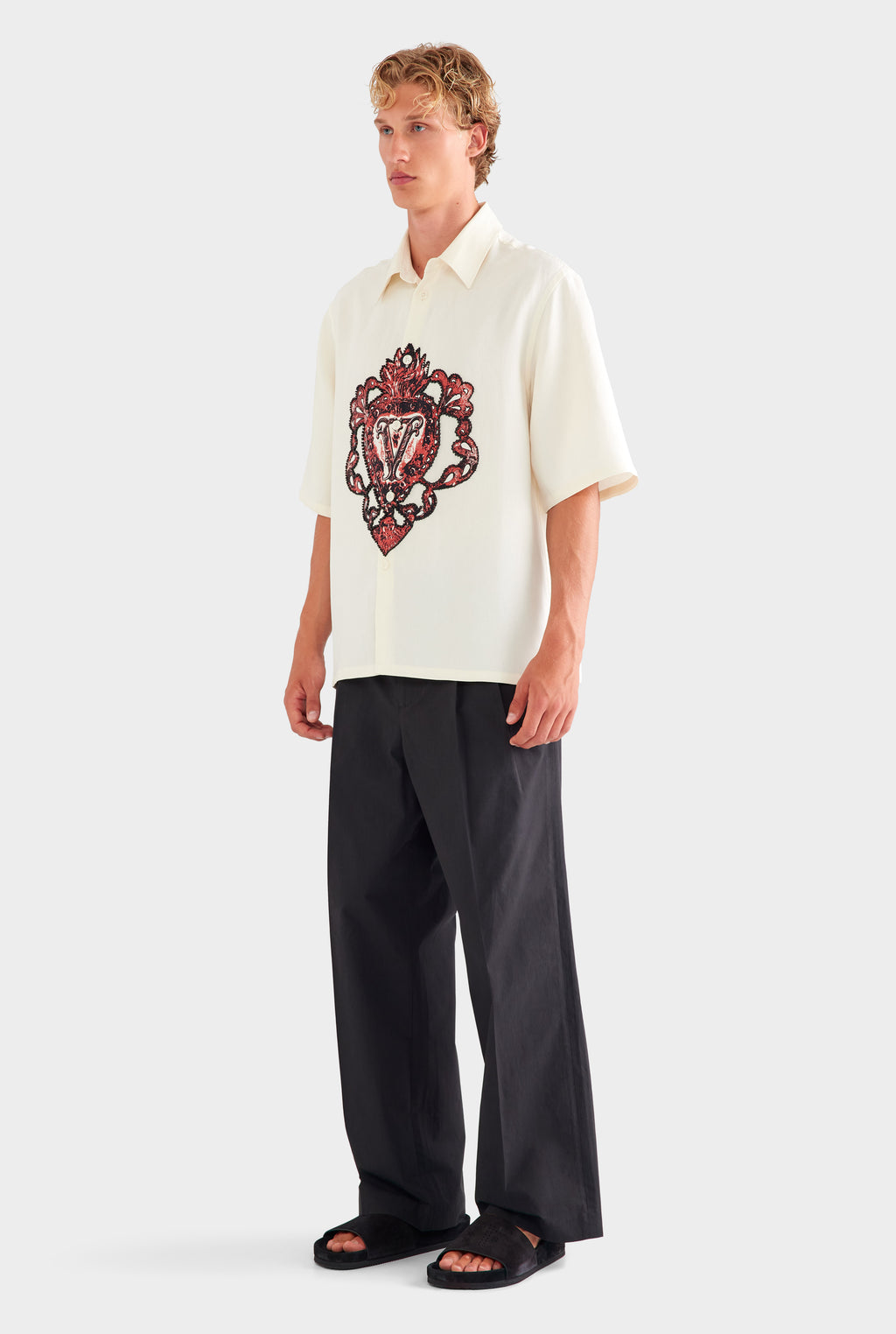 Oversized Silk Linen Short Sleeve Shirt - White/Beaded Heart