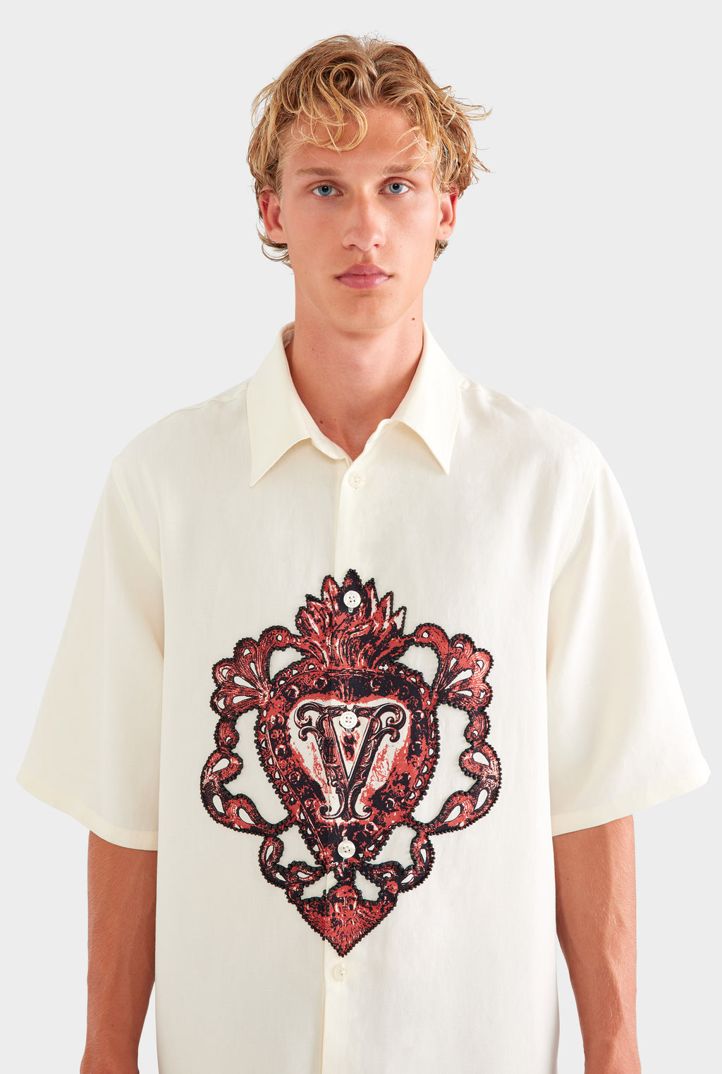 Oversized Silk Linen Short Sleeve Shirt - White/Beaded Heart