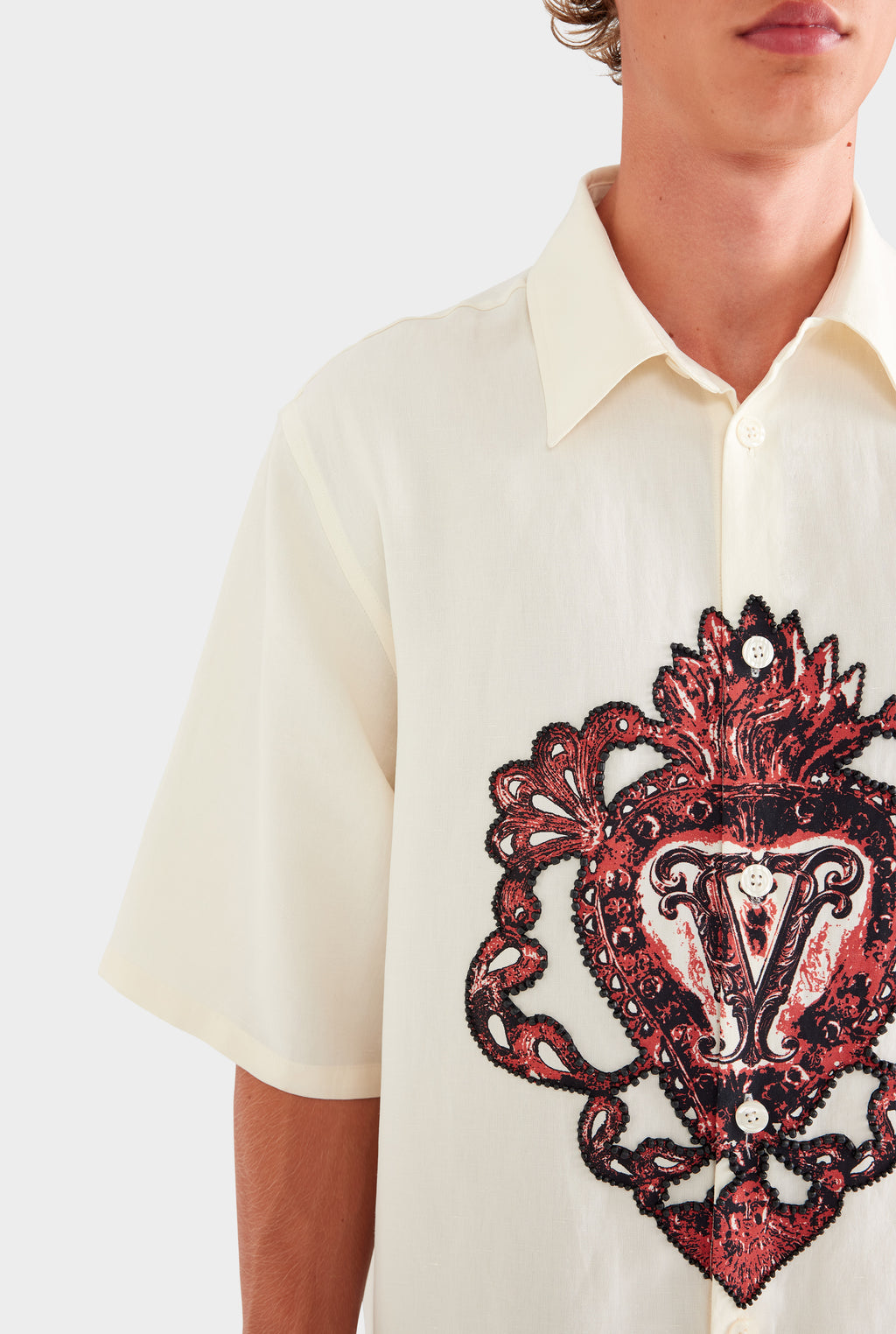 Oversized Silk Linen Short Sleeve Shirt - White/Beaded Heart