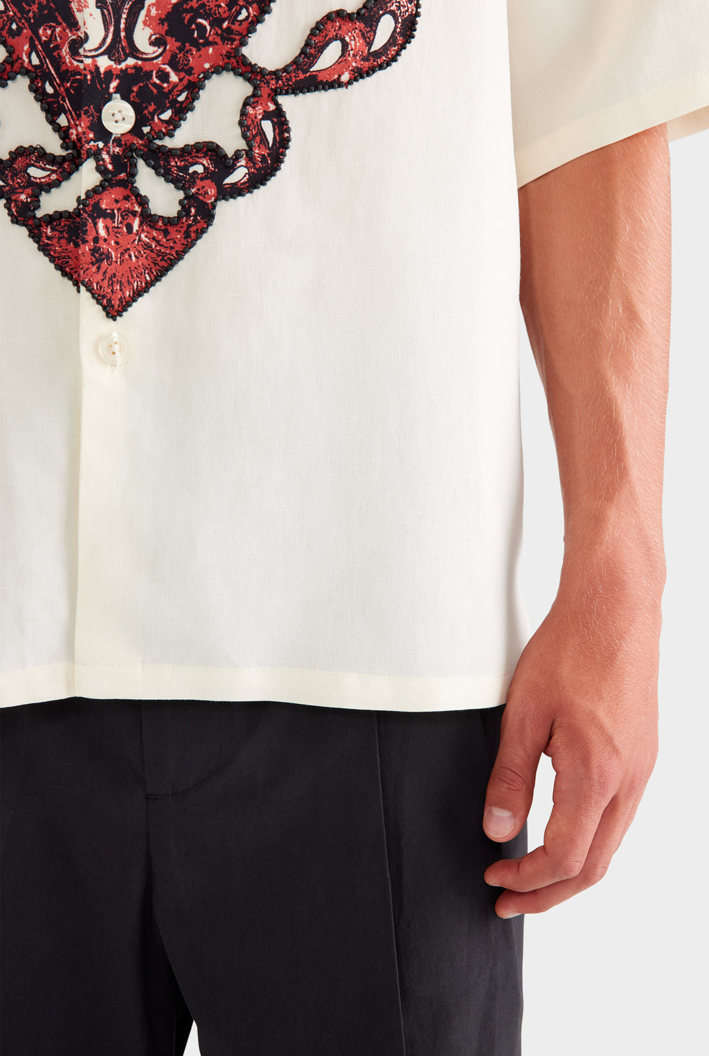 Oversized Silk Linen Short Sleeve Shirt - White/Beaded Heart