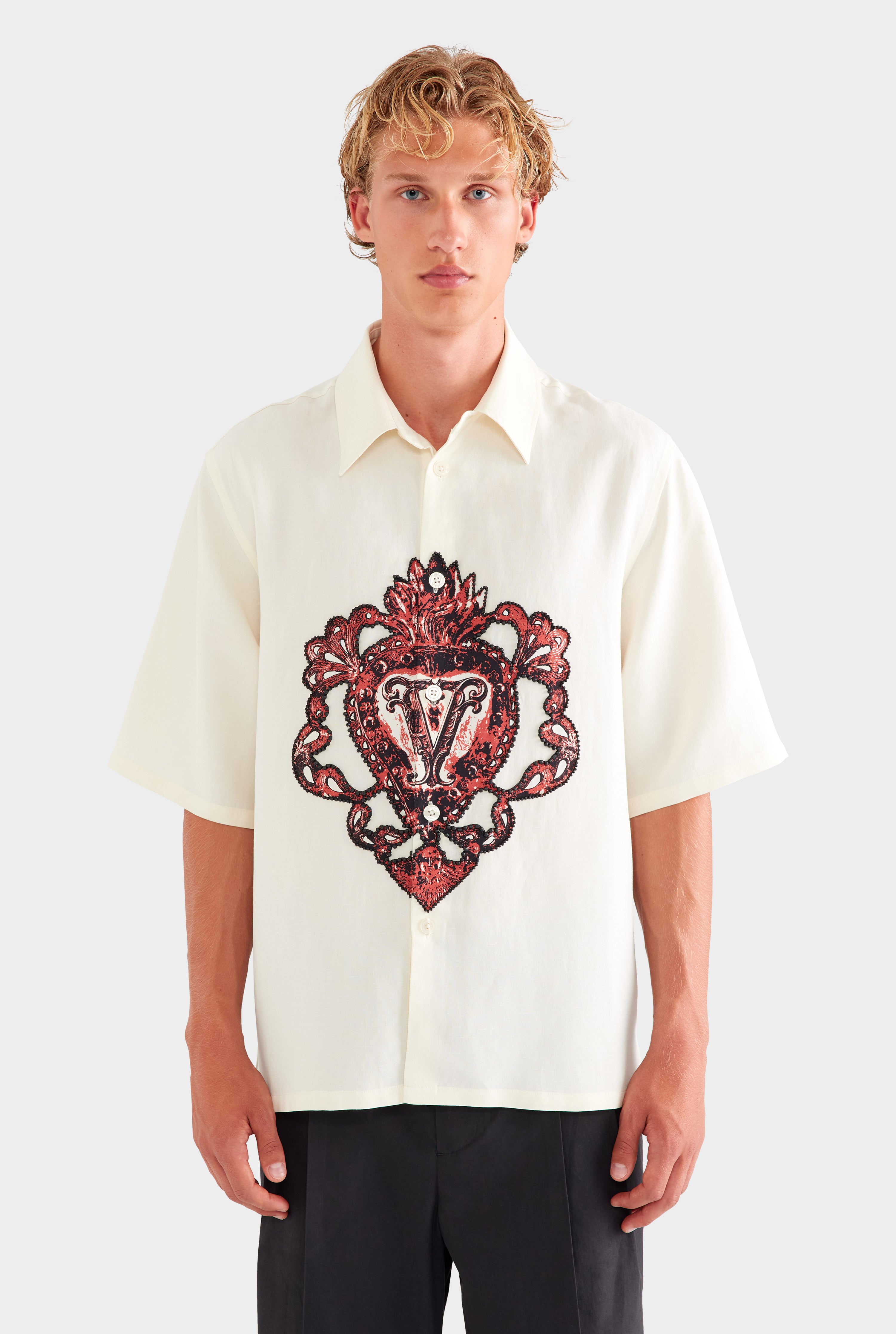Oversized Silk Linen Short Sleeve Shirt - White/Beaded Heart
