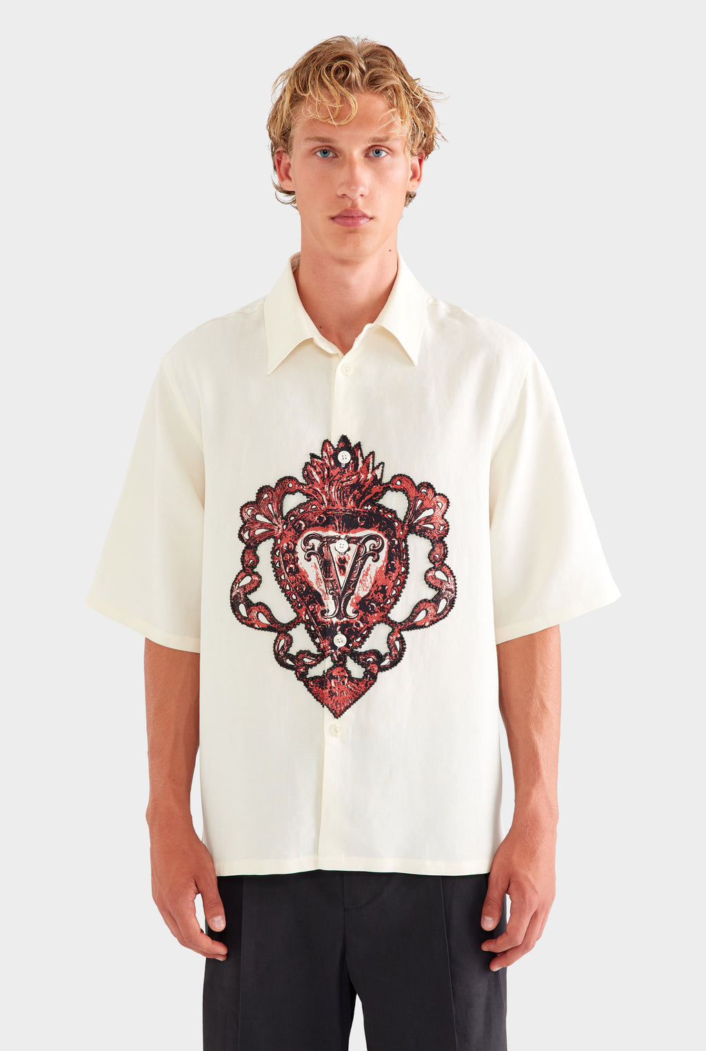 Oversized Silk Linen Short Sleeve Shirt - White/Beaded Heart
