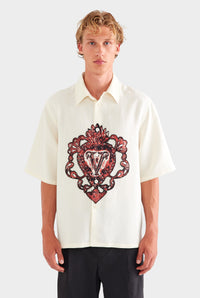 Oversized Silk Linen Short Sleeve Shirt - White/Beaded Heart