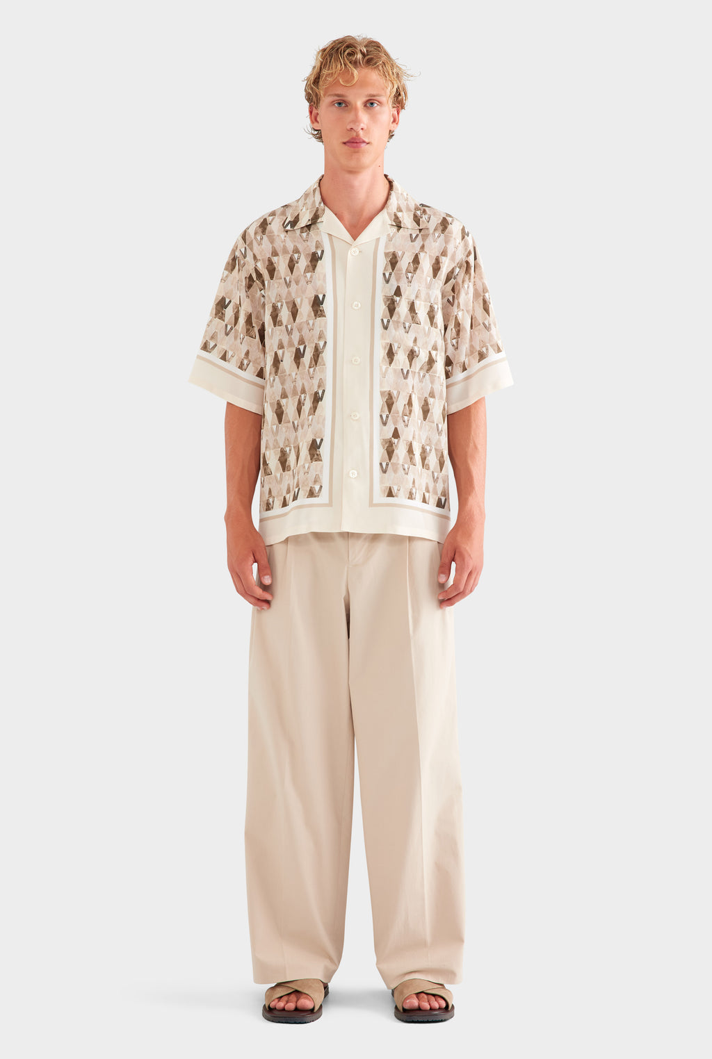 Oversized Silk Short Sleeve Shirt - Beige Painted V Monogram