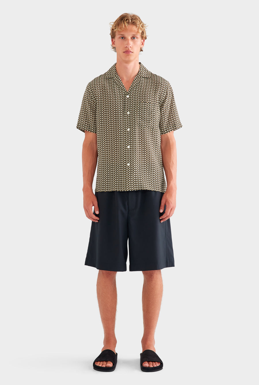 Short Sleeve Silk Camp Collar Shirt - Cream/Black/Olive V Monogram