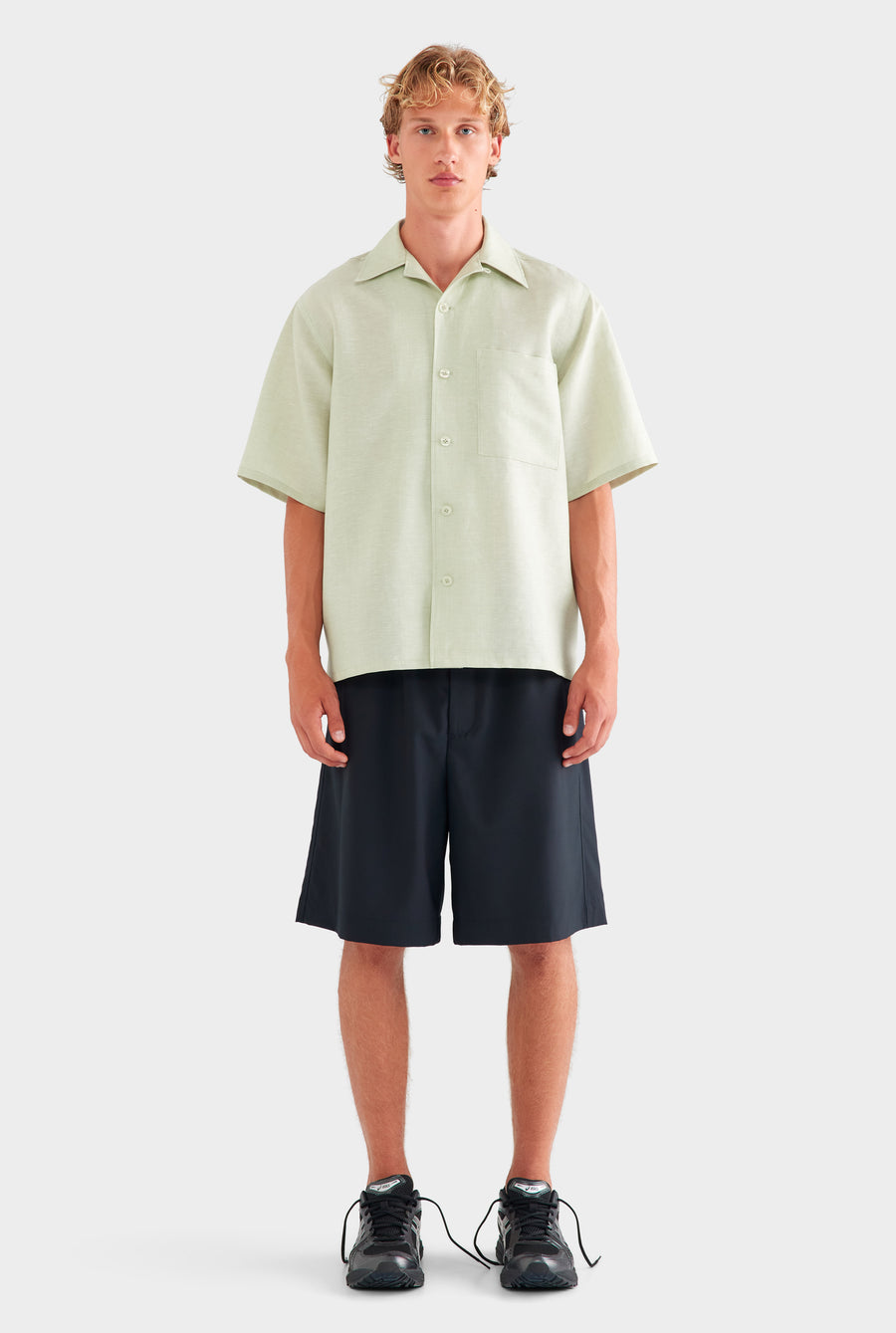 Oversized Wool Linen Short Sleeve Shirt - Pale Pistachio