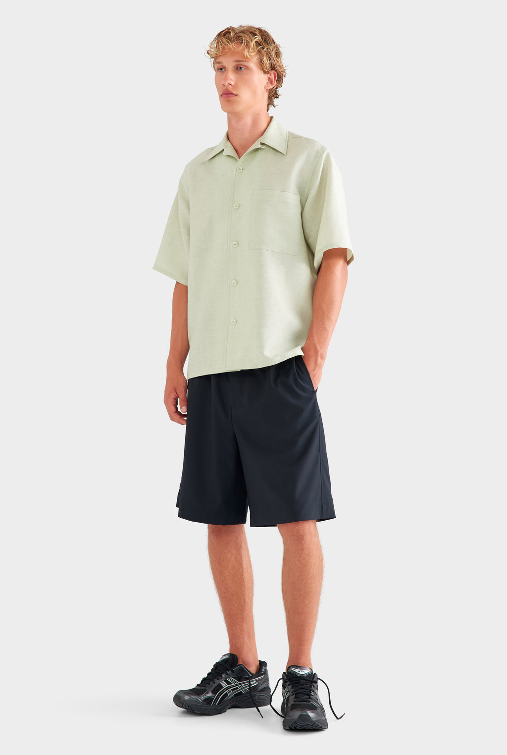 Oversized Wool Linen Short Sleeve Shirt - Pale Pistachio