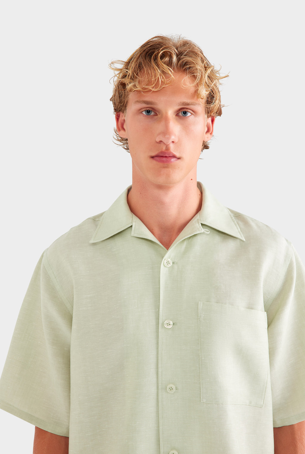Oversized Wool Linen Short Sleeve Shirt - Pale Pistachio