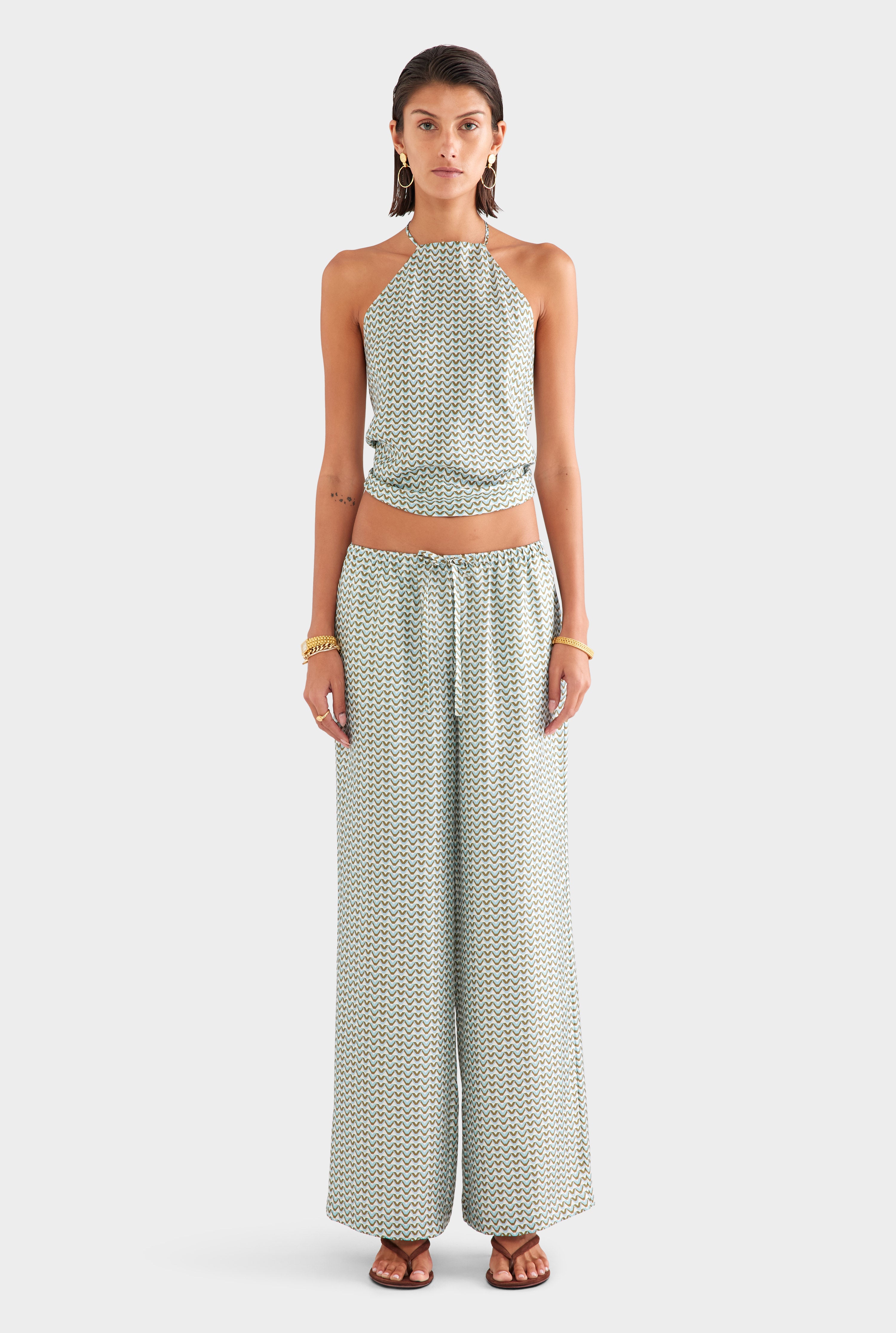 Relaxed Silk Drawstring Pant - Cream/Blue/Olive V Monogram