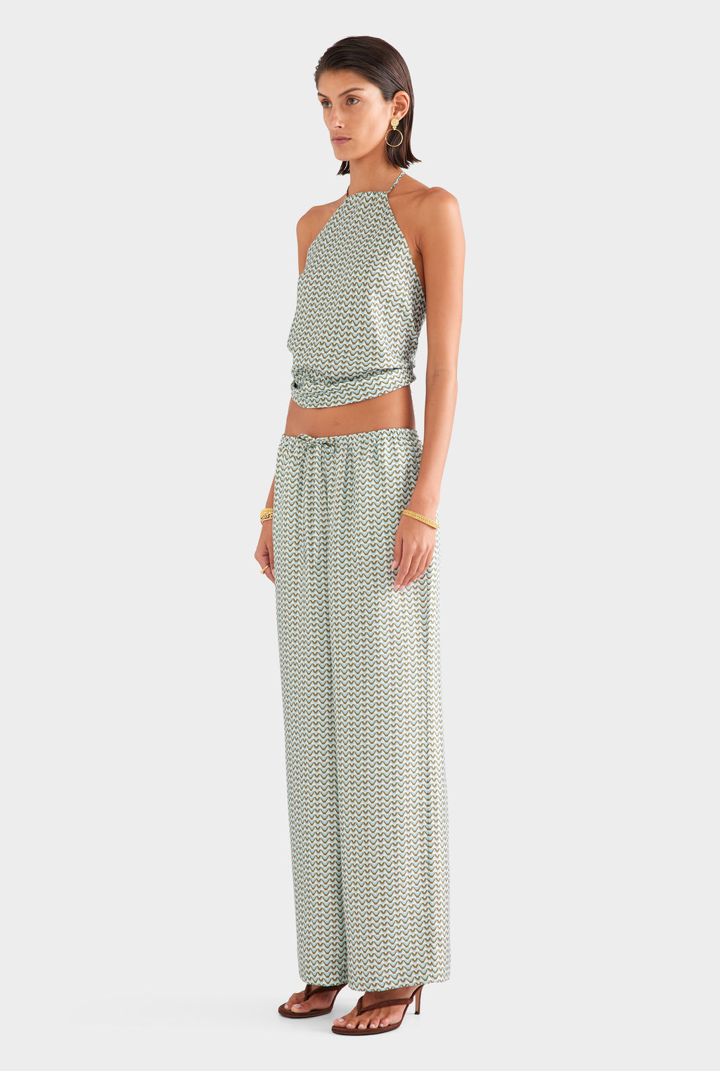 Relaxed Silk Drawstring Pant - Cream/Blue/Olive V Monogram