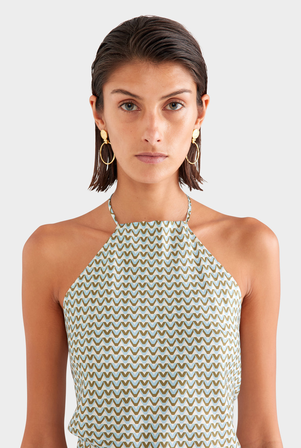 Silk Scarf Halter Top - Cream/Blue/Olive V Monogram