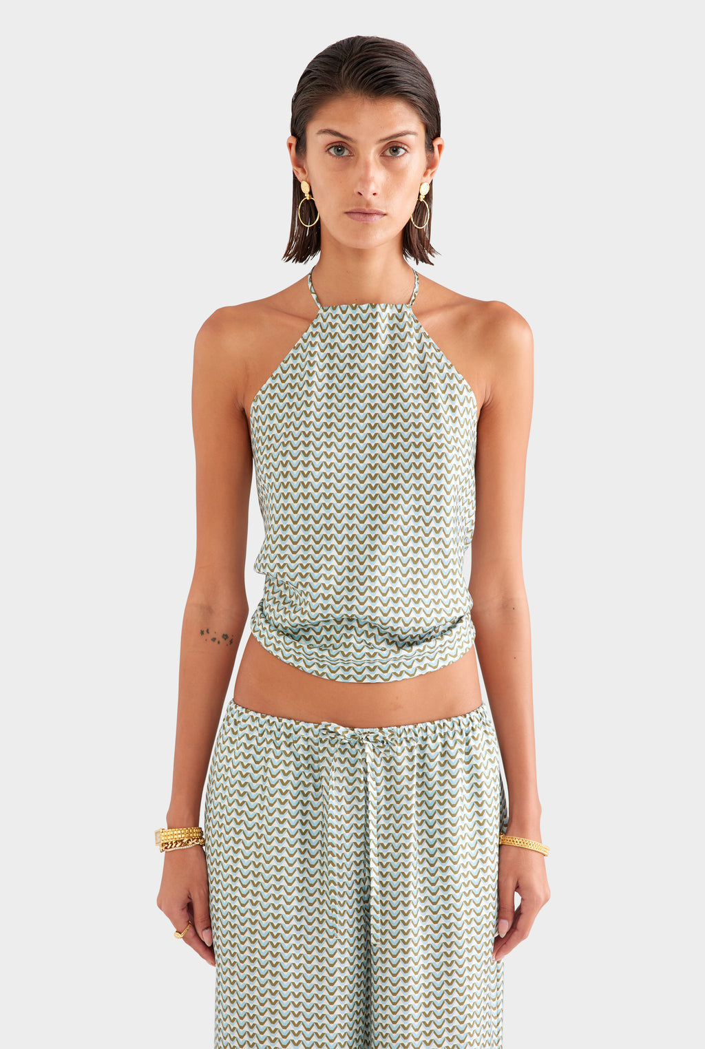 Silk Scarf Halter Top - Cream/Blue/Olive V Monogram