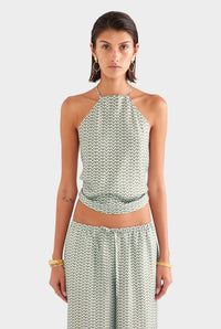 Silk Scarf Halter Top - Cream/Blue/Olive V Monogram