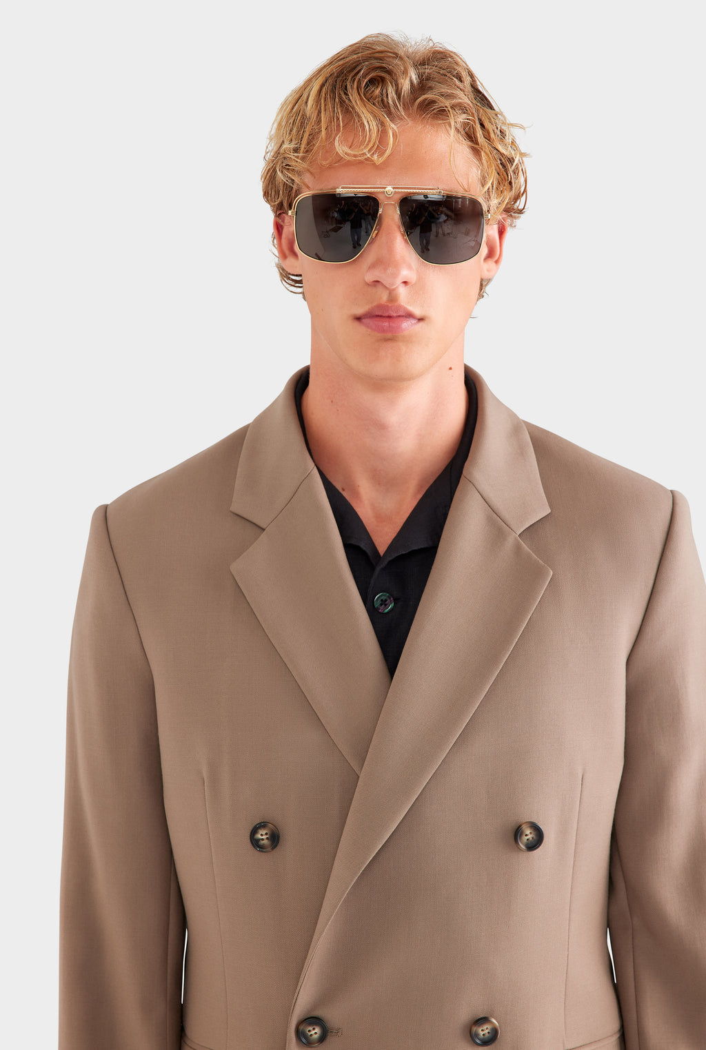Tailored Wool Double Breasted Suit Jacket - Taupe Brown