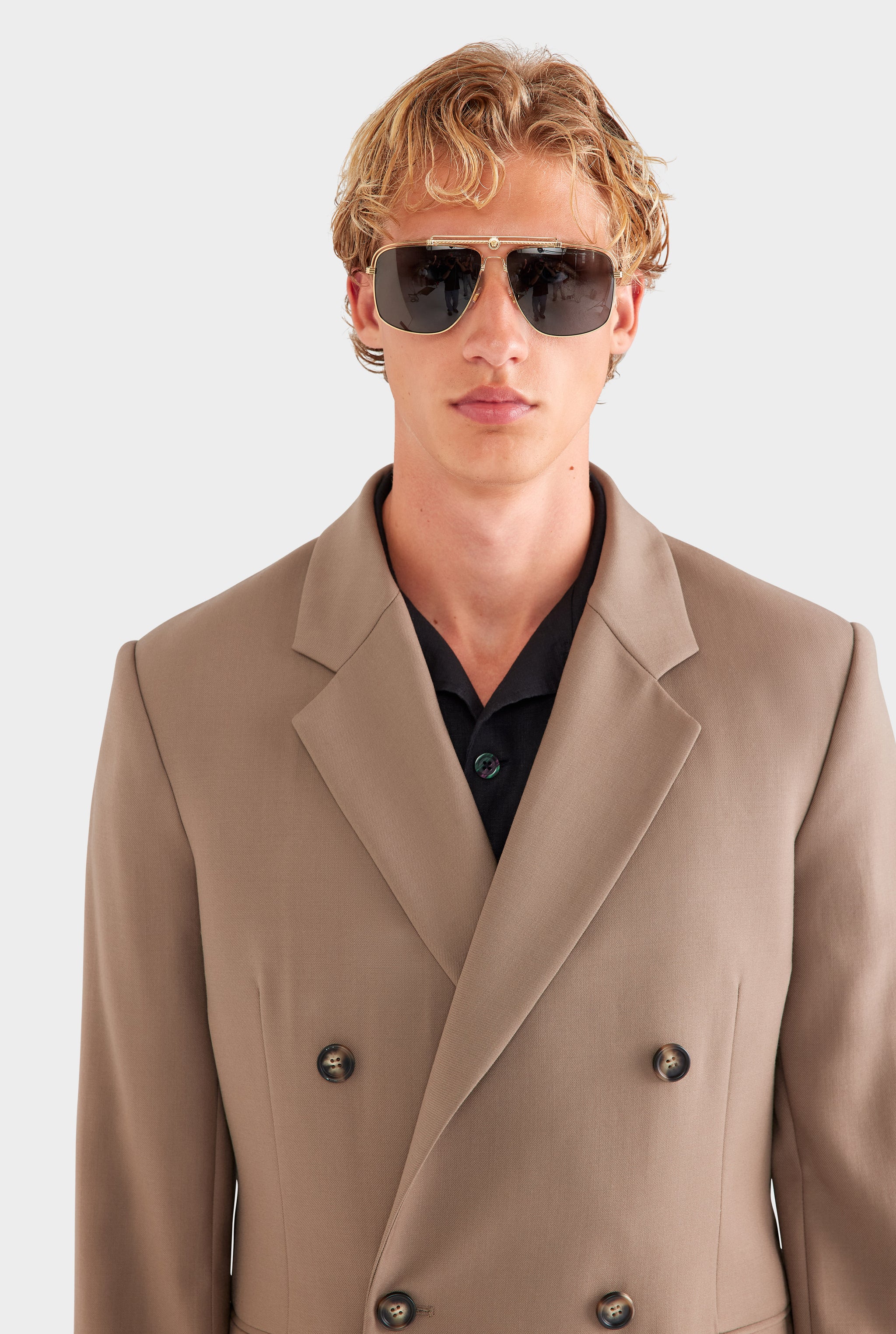 Tailored Wool Double Breasted Suit Jacket - Taupe Brown