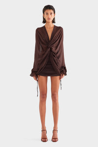 Twisted Bodice Silk Mini Dress - Dark Chocolate