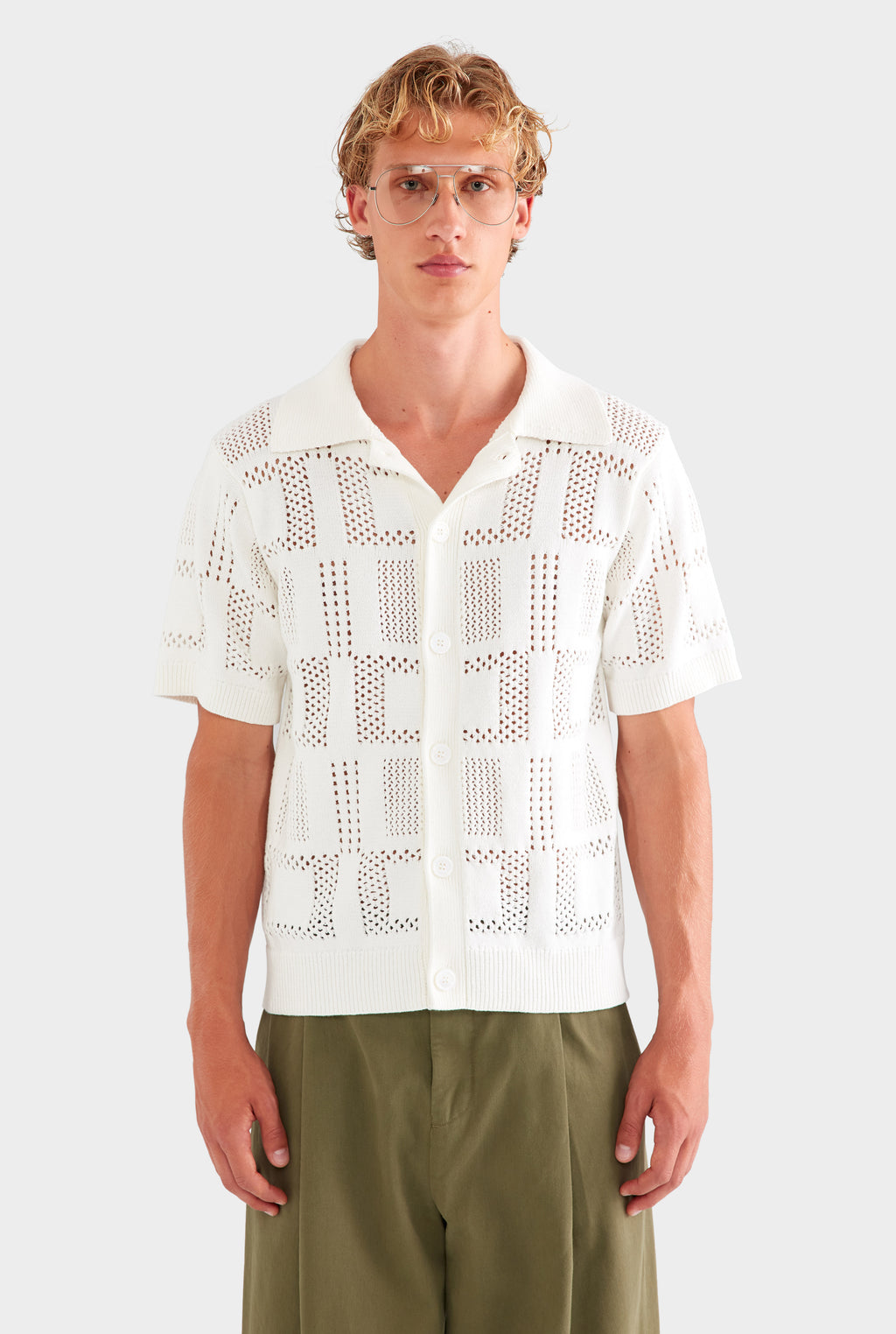 Check Crochet Knit Shirt - White