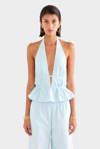 Cotton Poplin Halter Top - Pale Blue