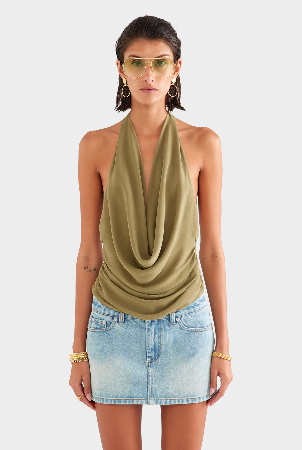 Deep Cowl Sheer Silk Halter - Olive