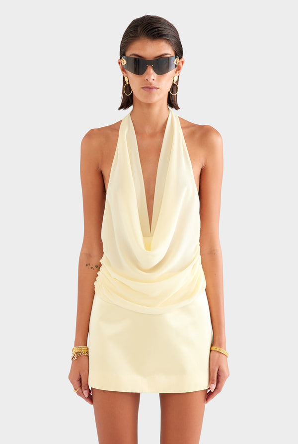 Deep Cowl Sheer Silk Halter - Pastel Yellow